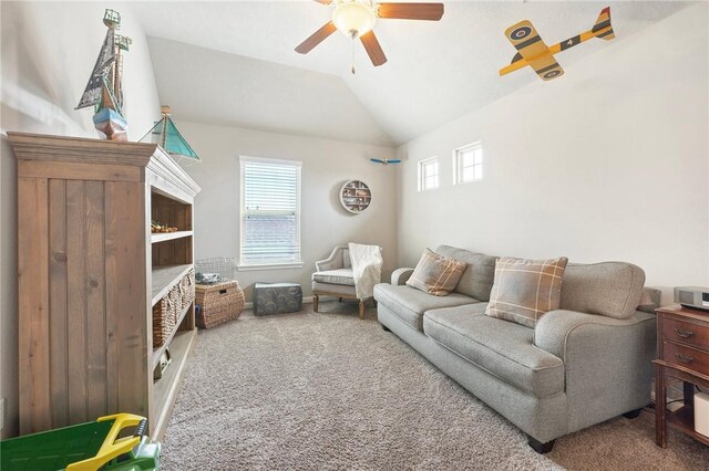 4143 Shallow Creek Loop, College Station, TX 77845 - living room featuring a ceiling fan, plenty of natural light, carpet flooring, and lofted ceiling