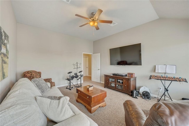 4143 Shallow Creek Loop, College Station, TX 77845 - living area with a ceiling fan, carpet, lofted ceiling, and baseboards