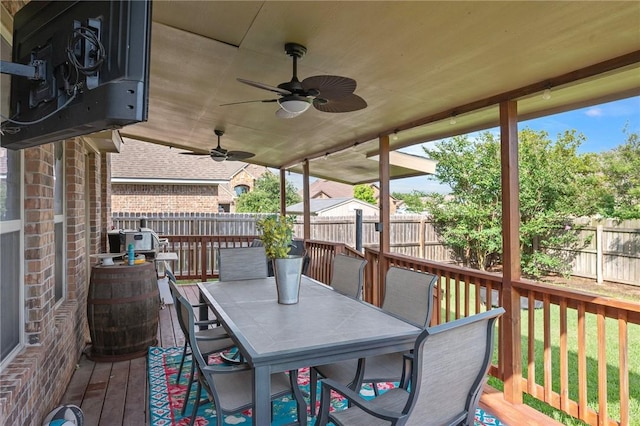 4143 Shallow Creek Loop, College Station, TX 77845 - wooden terrace featuring a fenced backyard, ceiling fan, and outdoor dining area