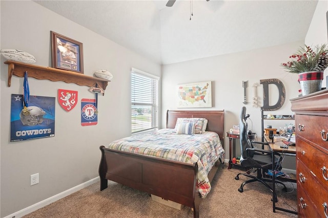 4143 Shallow Creek Loop, College Station, TX 77845 - bedroom featuring carpet flooring, an office area, baseboards, lofted ceiling, and a ceiling fan