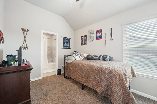 4143 Shallow Creek Loop, College Station, TX 77845 - bedroom with carpet, vaulted ceiling, baseboards, and ensuite bathroom