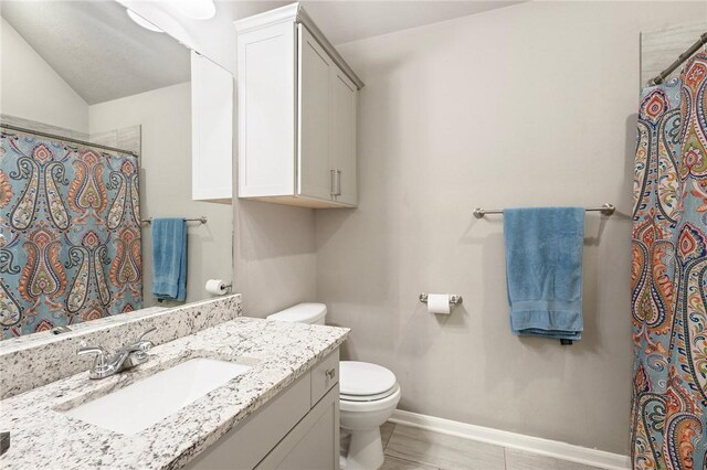 4143 Shallow Creek Loop, College Station, TX 77845 - bathroom featuring toilet, vanity, baseboards, vaulted ceiling, and a shower with shower curtain