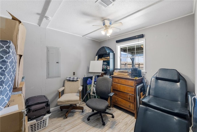 home office with visible vents, ceiling fan, electric panel, wood finished floors, and a textured ceiling