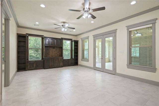 5217 Ruddy Duck Dr, College Station, TX 77845 - spare room with french doors, ceiling fan, crown molding, and recessed lighting