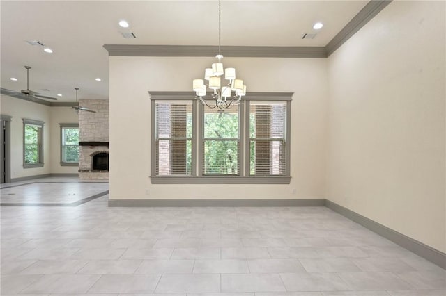 5217 Ruddy Duck Dr, College Station, TX 77845 - unfurnished dining area with ornamental molding, a chandelier, a stone fireplace, recessed lighting, and a ceiling fan