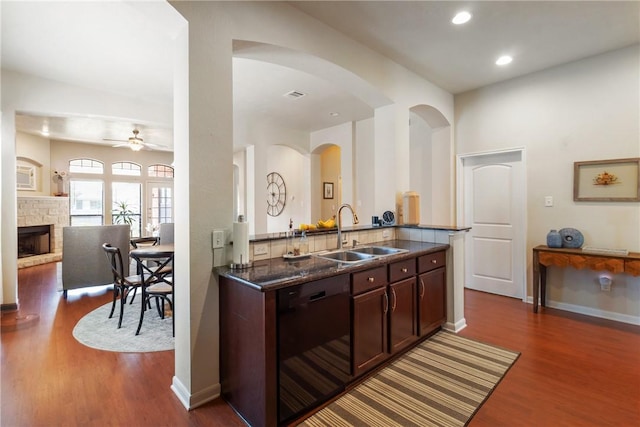 4205 Cripple Creek Ct, College Station, TX 77845 - kitchen with a sink, dishwasher, dark wood finished floors, a ceiling fan, and recessed lighting