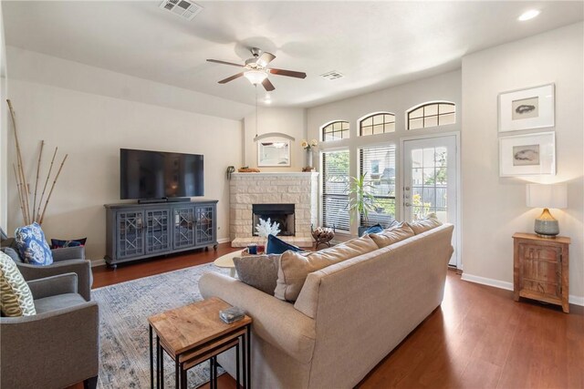 4205 Cripple Creek Ct, College Station, TX 77845 - living area featuring ceiling fan, baseboards, a stone fireplace, wood finished floors, and recessed lighting