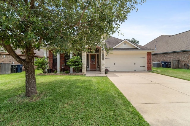 4205 Cripple Creek Ct, College Station, TX 77845 - obstructed view of property with central AC, an attached garage, concrete driveway, and a front lawn