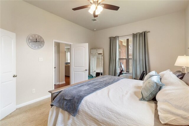 4205 Cripple Creek Ct, College Station, TX 77845 - bedroom featuring light carpet, baseboards, lofted ceiling, and ceiling fan