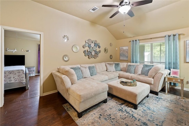 living room with lofted ceiling, dark wood-type flooring, and ceiling fan