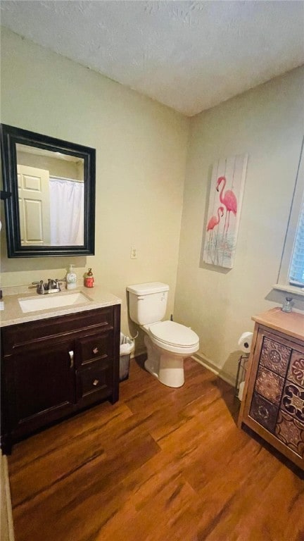 bathroom featuring vanity, hardwood / wood-style flooring, a textured ceiling, and toilet