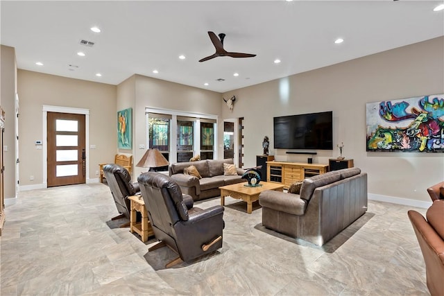 living room with ceiling fan