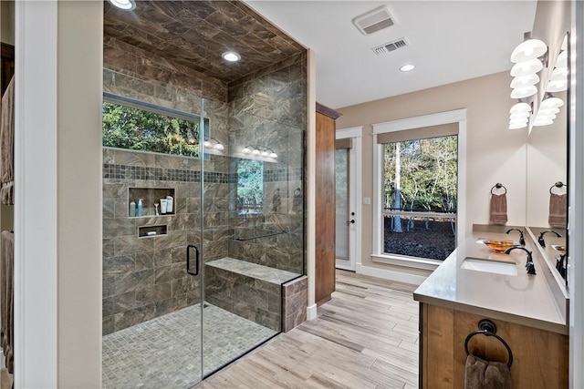 bathroom featuring vanity, wood-type flooring, and a shower with door