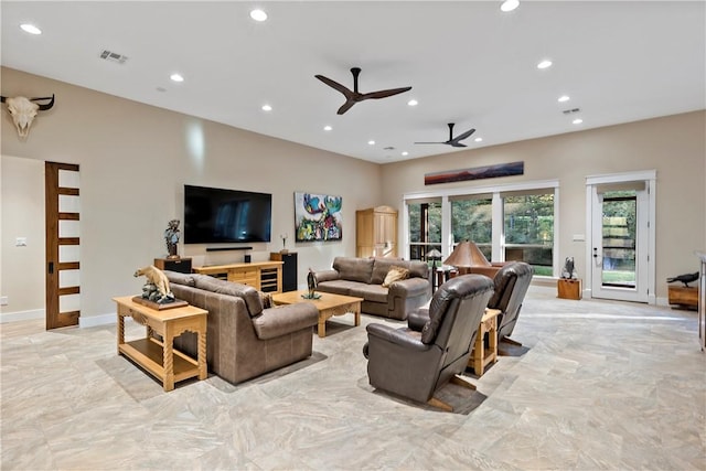 living room featuring ceiling fan