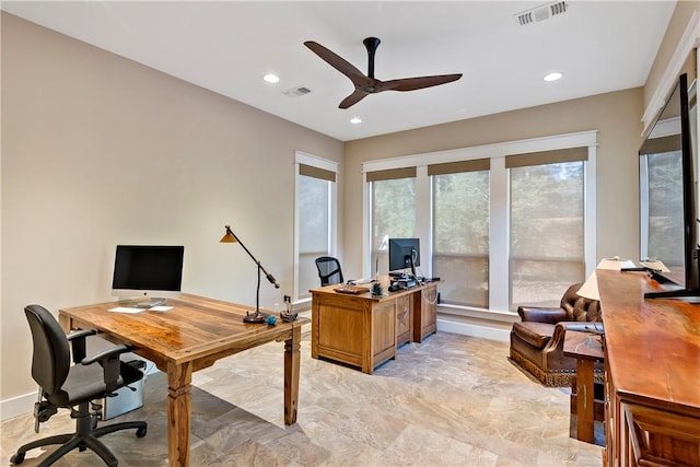 office area with ceiling fan