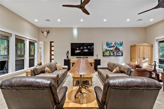 living room with ceiling fan