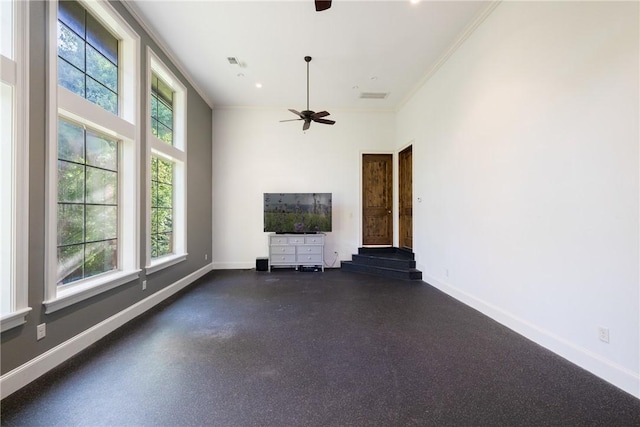 17288 Indian Lakes Dr, College Station, TX 77845 - unfurnished living room featuring a ceiling fan and crown molding