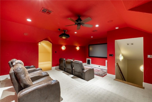 17288 Indian Lakes Dr, College Station, TX 77845 - cinema featuring vaulted ceiling, carpet, a ceiling fan, and recessed lighting