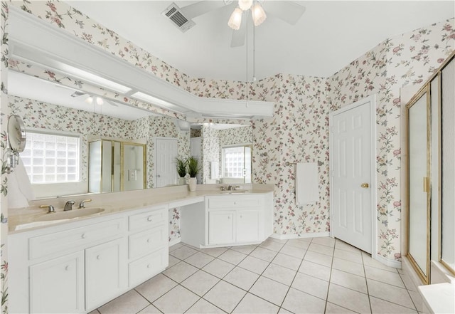 bathroom with vanity, tile patterned floors, an enclosed shower, and ceiling fan