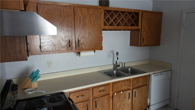 kitchen featuring black stove, sink, white dishwasher, and range hood