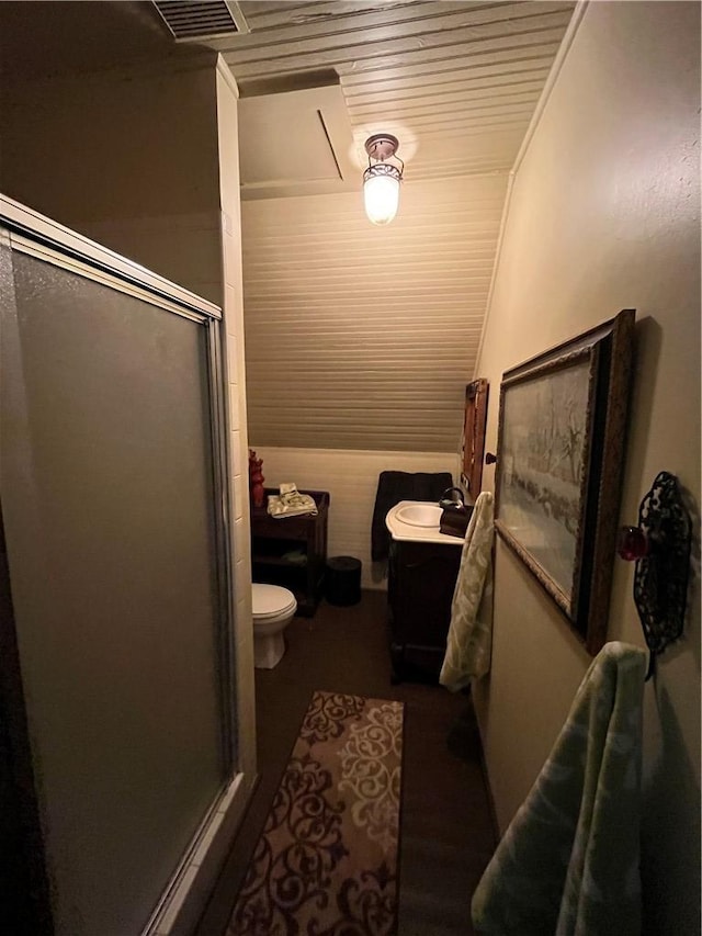1100 Maple, Calvert, TX 77837 - bathroom with visible vents, toilet, a shower stall, and wood ceiling