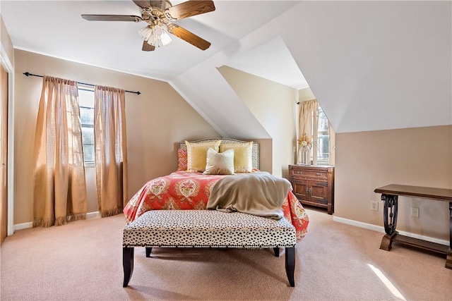 bedroom featuring light colored carpet, ceiling fan, and lofted ceiling