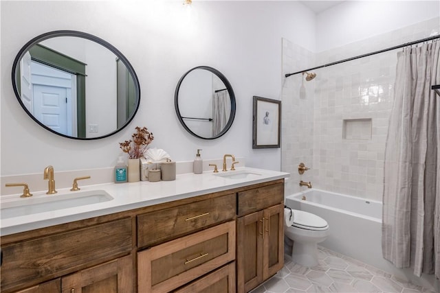 full bathroom featuring tile patterned flooring, toilet, shower / tub combo, and a sink