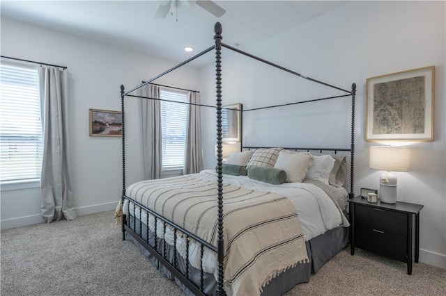 carpeted bedroom featuring a ceiling fan, recessed lighting, and baseboards