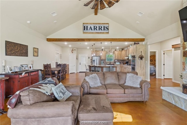 living room featuring high vaulted ceiling and ceiling fan