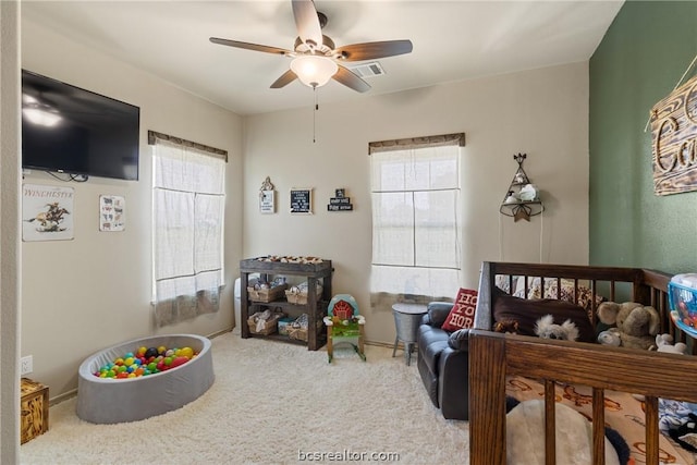 bedroom featuring carpet flooring and ceiling fan