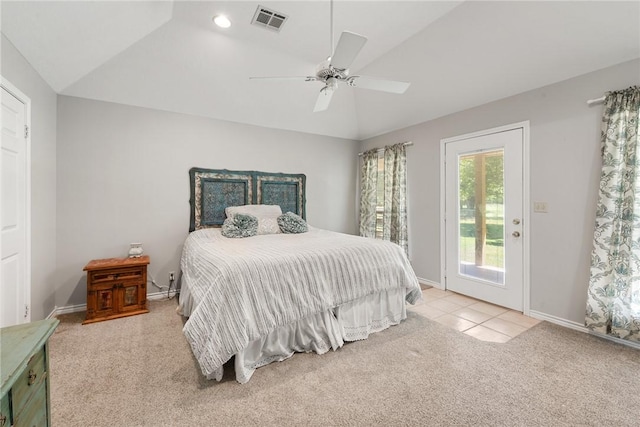 carpeted bedroom featuring lofted ceiling, access to exterior, a ceiling fan, visible vents, and baseboards