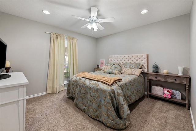 bedroom with baseboards, carpet, recessed lighting, and ceiling fan