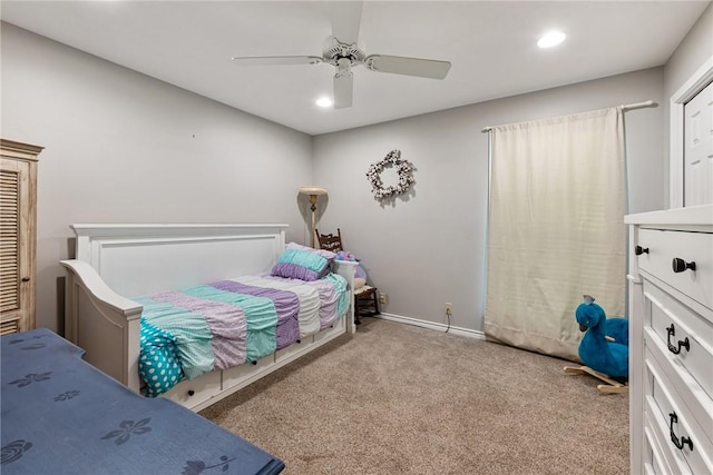 bedroom with recessed lighting, carpet flooring, baseboards, and ceiling fan