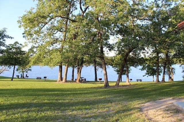 view of property's community featuring a lawn and a water view
