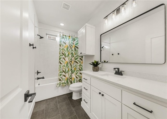 bathroom featuring tile patterned flooring, visible vents, toilet, shower / bath combo, and vanity