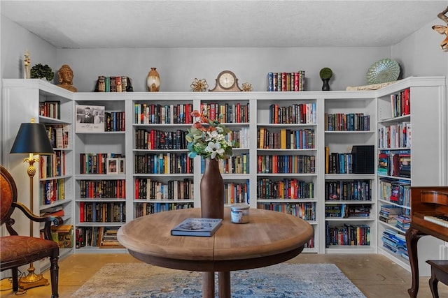 living area with a textured ceiling