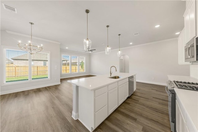 kitchen with white cabinets, sink, dark hardwood / wood-style floors, an island with sink, and appliances with stainless steel finishes