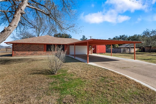 single story home featuring a garage, a carport, and a front yard