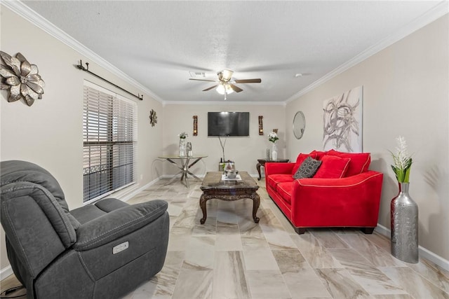 living room with ceiling fan, crown molding, and a textured ceiling