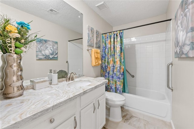 full bathroom featuring vanity, shower / tub combo, toilet, and a textured ceiling