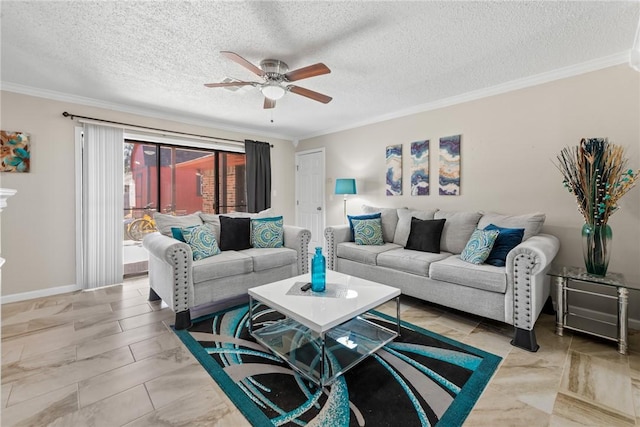 living room with crown molding, ceiling fan, and a textured ceiling