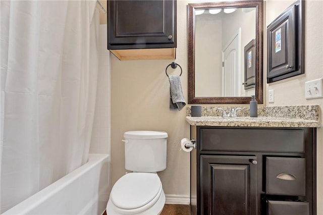 full bathroom with vanity, toilet, and shower / tub combo with curtain