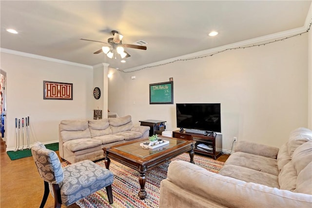 living room featuring ceiling fan and ornamental molding