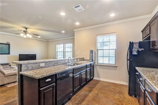 kitchen with black appliances, sink, ceiling fan, ornamental molding, and kitchen peninsula