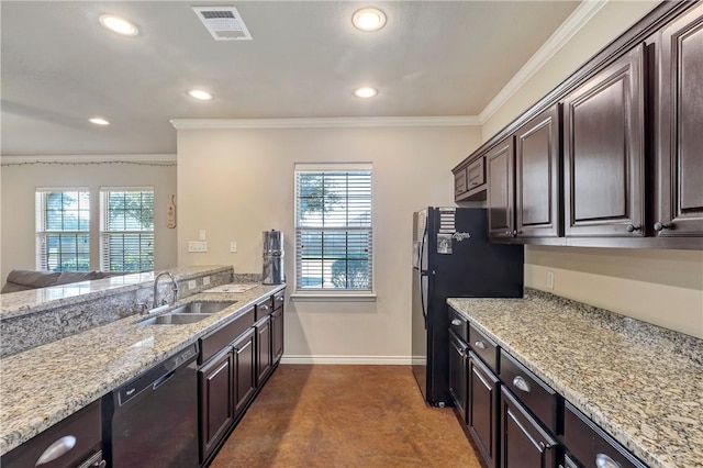 kitchen with black appliances, sink, ornamental molding, dark brown cabinets, and light stone counters