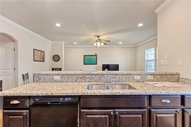 kitchen featuring ornamental molding, dark brown cabinets, ceiling fan, sink, and black dishwasher