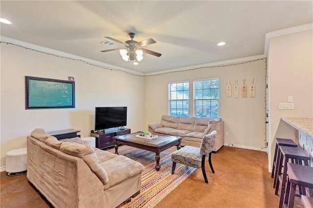 carpeted living room with ceiling fan and crown molding