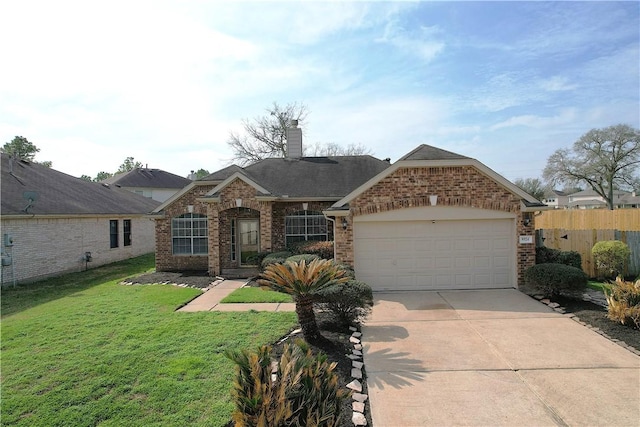 single story home with a garage and a front lawn