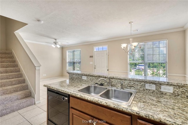 kitchen with sink, black dishwasher, decorative light fixtures, ceiling fan with notable chandelier, and ornamental molding