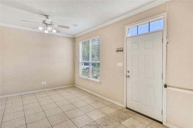 foyer featuring light tile patterned floors, ceiling fan, and crown molding